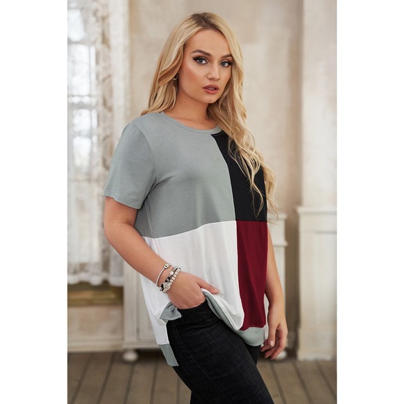 WINE RED WHITE GRAY BLACK CREW NECK COLOR BLOCK TOP SIZE 1X 14-16 - Picture 7 of 9